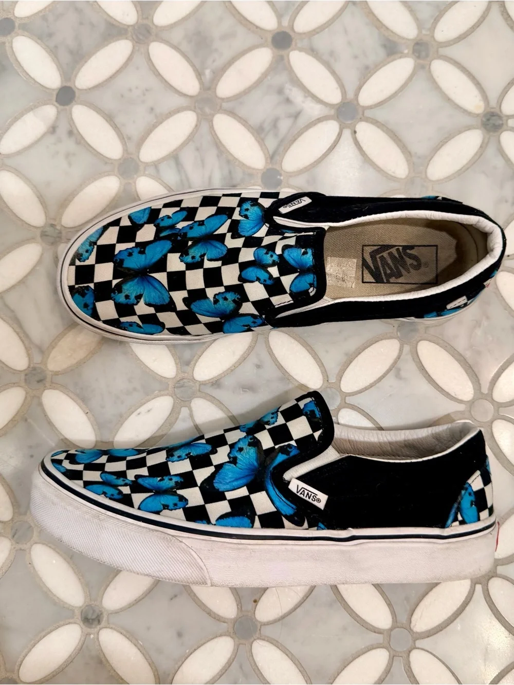 Sold Vans Classic Checkerboard Blue Butterfly Slip-On Sneakers 9 W / 7.5 M Skate - Picture 2 of 10